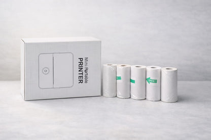 Package includes:

Printer
Charger
User manual
5 rolls sticker paper
5 rolls white paper